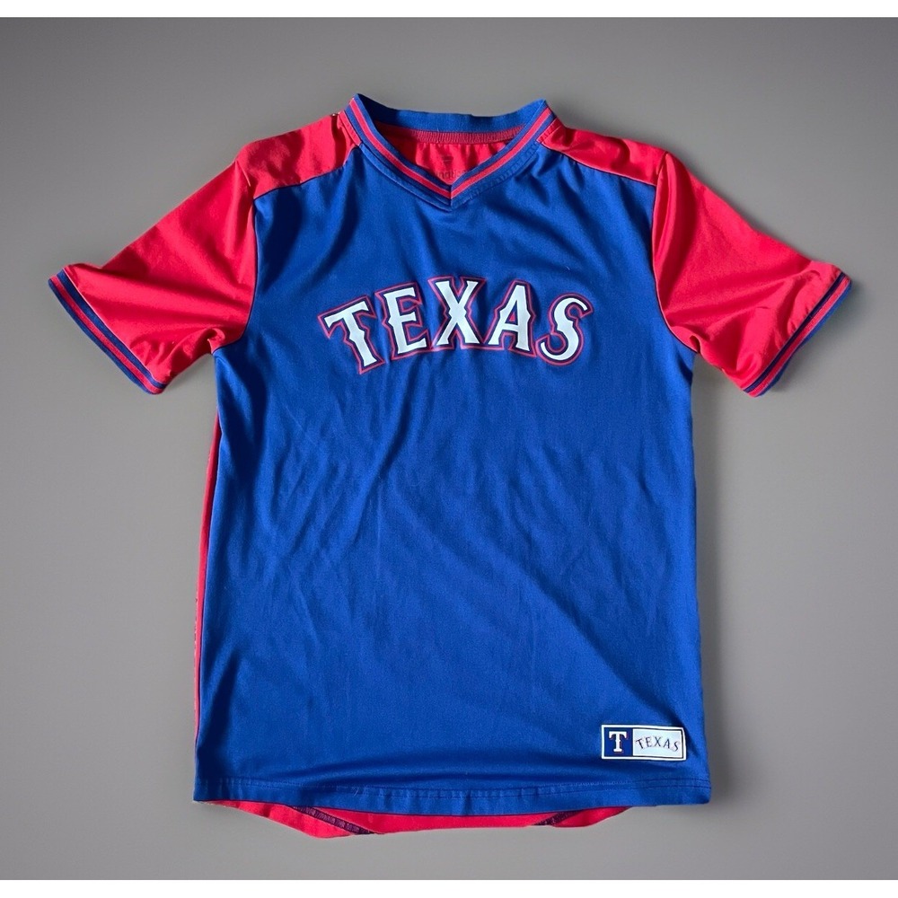 Texas Rangers Fanatics Short Sleeve Jersey Style Shirt Blue MLB Logo Medium JBHS